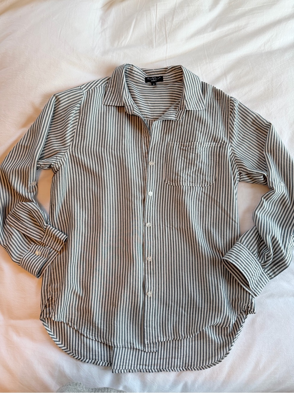 Velvet Hearts Striped Button-Up Shirt in Gray and White - Women’s Shirt